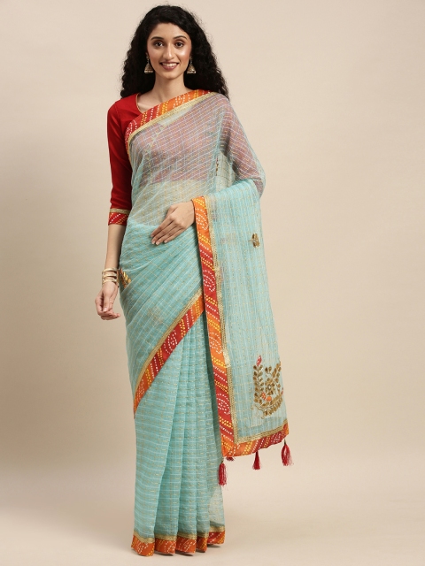 

Mitera Turquoise Blue & Red Tissue Gotta Patti Checked Saree