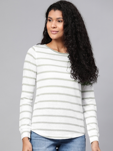 

Marks & Spencer Women White & Green Striped Round Neck T-shirt
