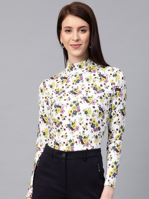 

Marks & Spencer Women White & Yellow Floral Print Fitted Top