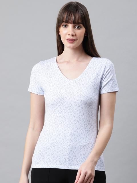 

Marks & Spencer Women White & Blue Floral Ditsy Print V-Neck T-shirt