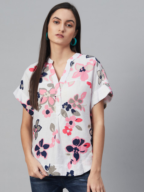 

Marks & Spencer Women White & Pink Linen Floral Print Top