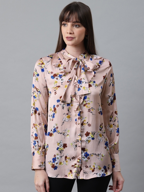 

Marks & Spencer Women Pink & Blue Satin Finish Floral & Birds Printed Top