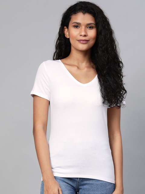 

Marks & Spencer Women White Fitted Solid V-Neck T-shirt