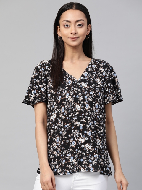 

Marks & Spencer Women Black & Whote Floral Printed Flared Sleeves Top