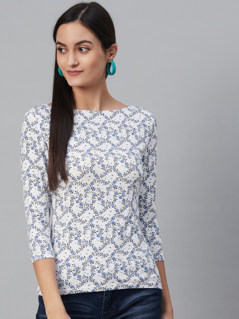 

Marks & Spencer Women White & Blue Floral Print Fitted Top
