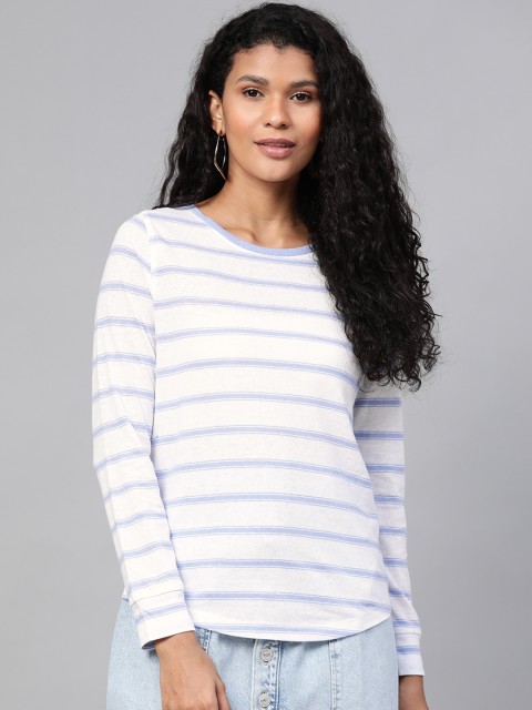

Marks & Spencer Women White & Blue Striped Round Neck T-shirt