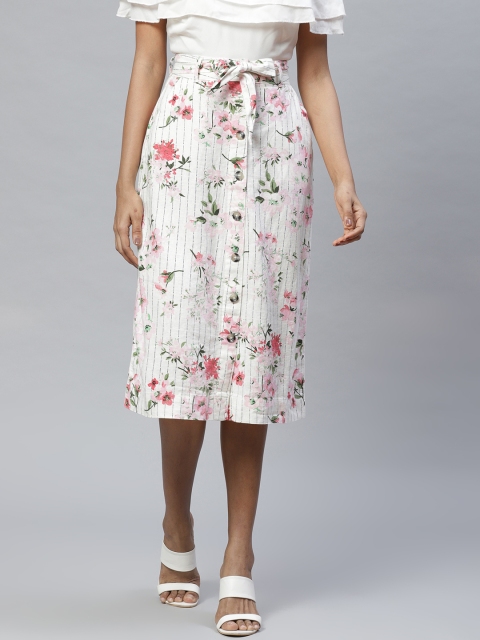 

Marks & Spencer Women Off-White and Pink Floral Printed A-Line Skirt