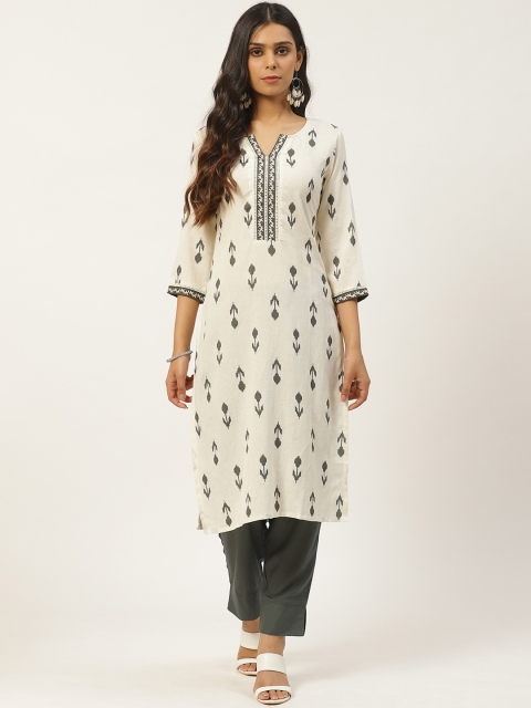 

Laabha Women Off-White & Olive Green Printed Kurta with Trousers