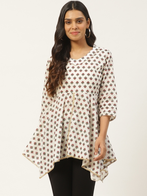 

Laabha Women Off-White & Pink Printed Asymmetric A-Line Pure Cotton Top