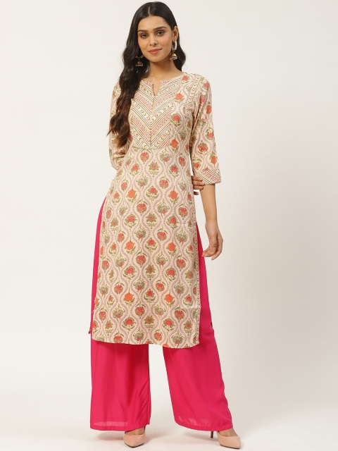 

Laabha Women Beige & Red Ethnic Printed Straight Kurta