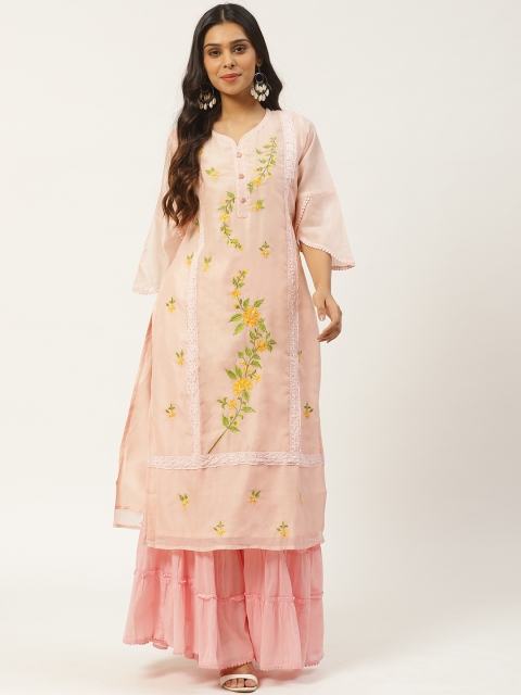 

Laabha Women Peach-Coloured & Pink Embroidered Kurta with Sharara