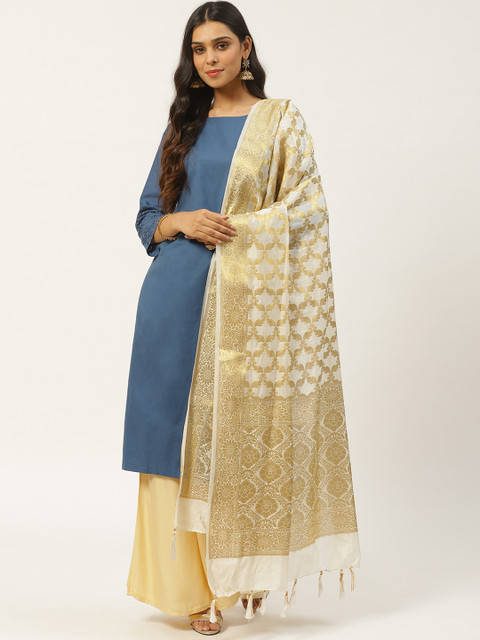 

Laabha Off-White & Golden Ethnic Woven Design Dupatta