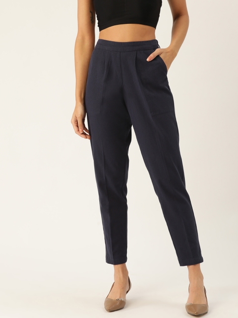 

Rue Collection Women Navy Blue Comfort Fit Solid Cropped Regular Trousers