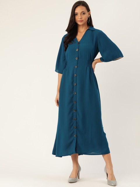 

Rue Collection Women Teal Blue Solid Smocked Shirt Dress