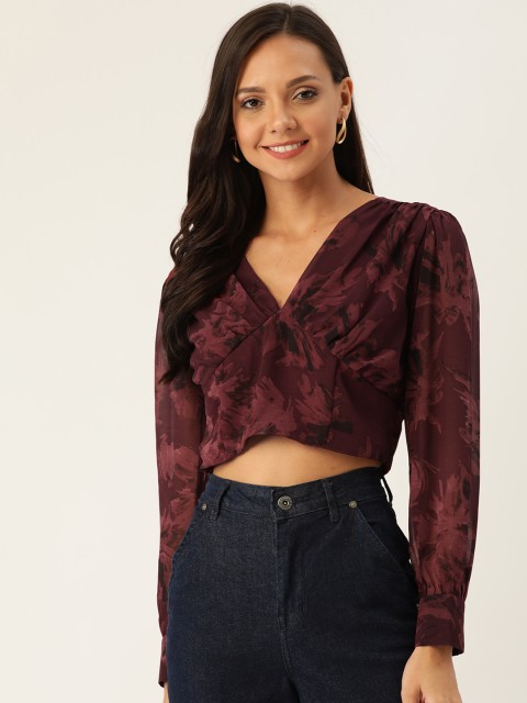 

Rue Collection Women Burgundy Floral Print Empire Crop Top