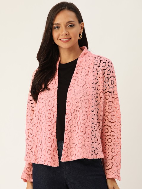 

Rue Collection Women Pink Floral Self-Design Open Front Lace Shrug