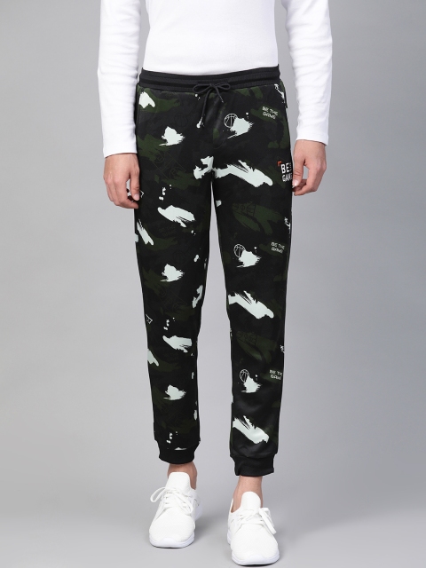 

Alcis Men Black & Olive Green Straight Fit Printed Joggers
