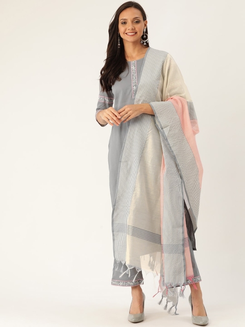 

Jaipur Kurti Women Grey & Off-White Solid Kurta with Palazzos & Dupatta