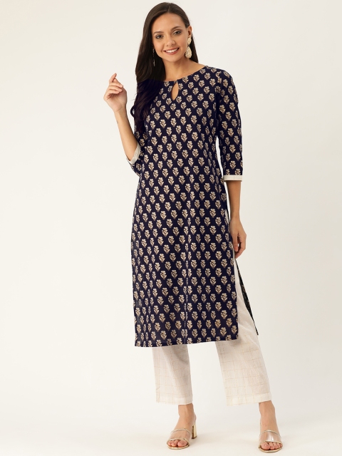 Jaipur Kurti Women Navy Blue & White Printed Kurta with Palazzos