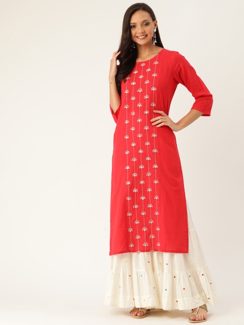 Jaipur Kurti Women Red Embroidered Straight Kurta