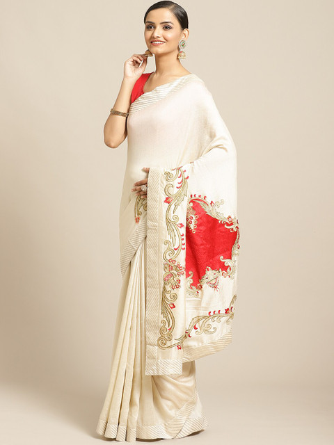

Shaily Off-White & Red Zari Embroidered Detail Saree