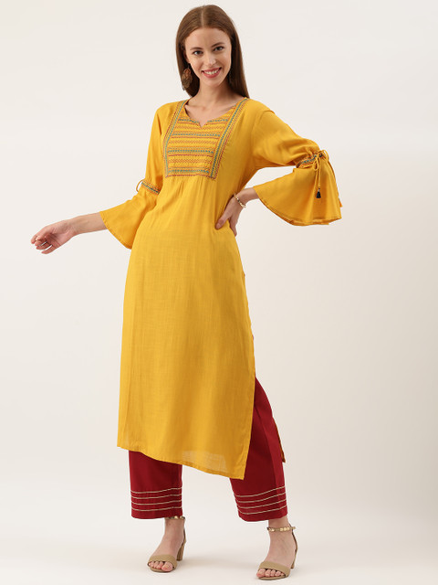 

Varanga Women Mustard Yellow Embroidered Straight Kurta
