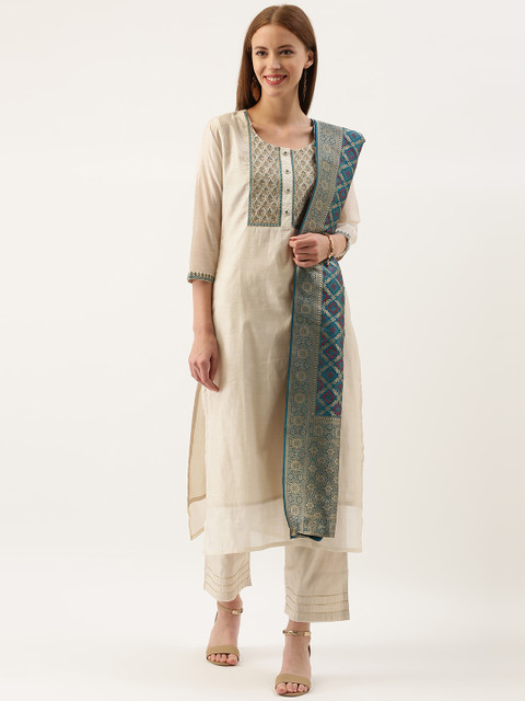 

Varanga Women Off-White & Teal Blue Embroidered Kurta with Trousers & Dupatta
