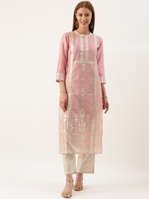 

Varanga Women Peach-Coloured & Gold-Toned Foil Printed Straight Kurta