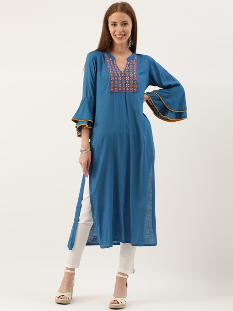 

Varanga Women Teal Blue Embroidered Straight Kurta