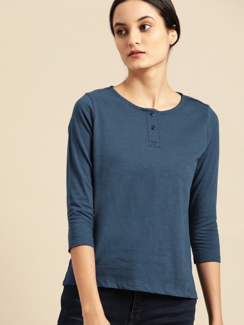 

ether Women Navy Blue Solid Henley Neck T-shirt