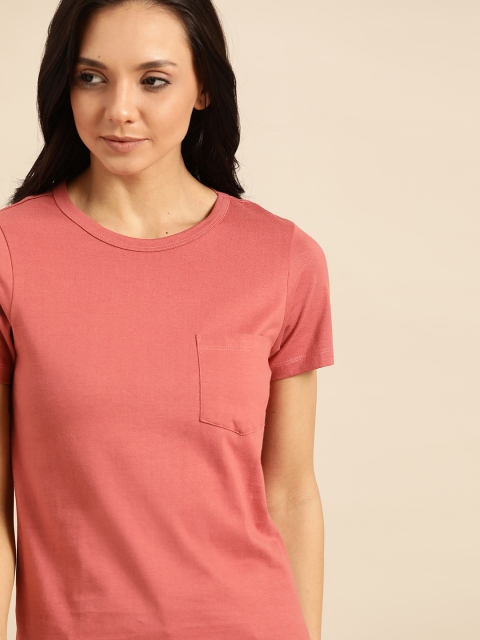 

ether Women Dusty Pink Solid Round Neck T-shirt
