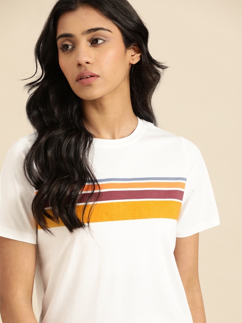 

ether Women White Striped Round Neck Pure Cotton T-shirt