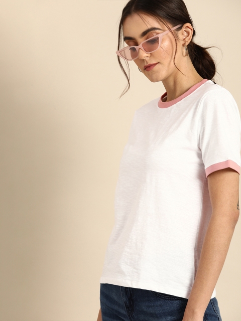 

ether Women White Solid Pure Cotton Round Neck T-shirt