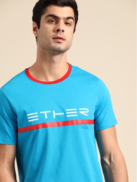 

ether Men Blue & White Pure Cotton Brand Logo Printed Round Neck T-shirt