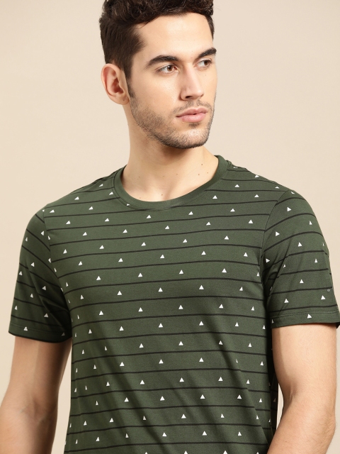 

ether Men Olive Green & Black Striped Round Neck T-shirt