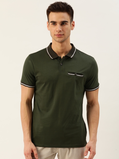 

ether Men Olive Green Solid Polo Collar T-shirt
