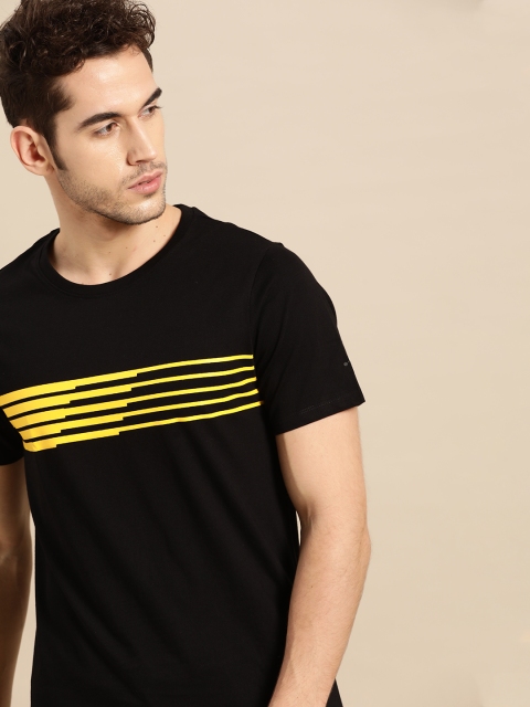 

ether Men Black & Mustard Yellow Striped Pure Cotton Round Neck T-shirt