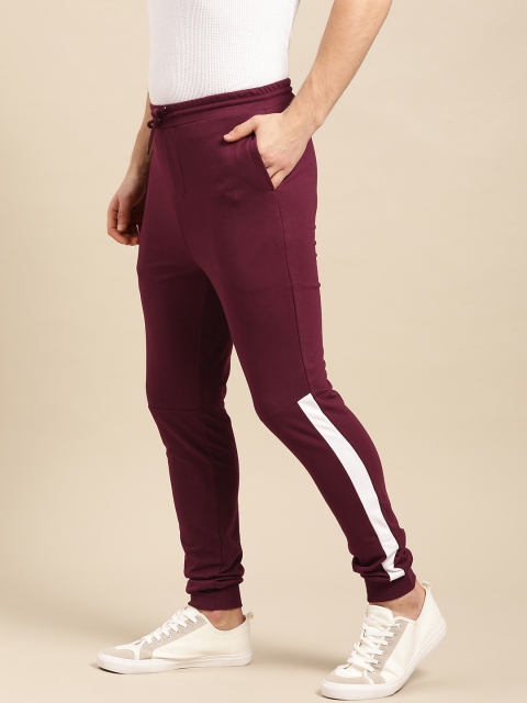 

ether Men Burgundy Solid Joggers with Striped Details