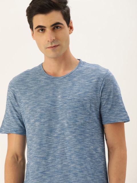 

ether Men Blue Melange Solid Round Neck T-shirt With Chest Pocket