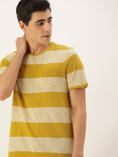 

ether Men Mustard Yellow & Beige Striped Round Neck T-shirt With Chest Pocket