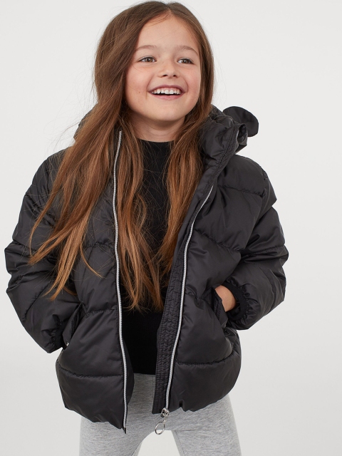 

H&M Girls Black Solid Hooded Puffer Jacket