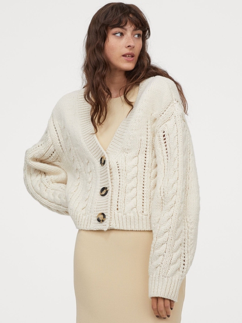 

H&M Women Beige Cable-Knit Cardigan, White