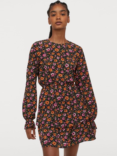 

H&M Women Black & Orange Floral Short Dress