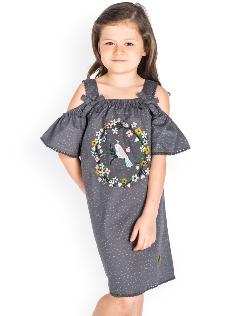 

Cherry Crumble Girls Grey & White Embroidered Cold-Shoulder A-Line Dress