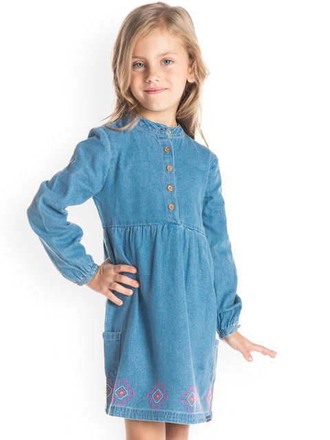 

Cherry Crumble Girls Blue Solid Denim A-Line Dress