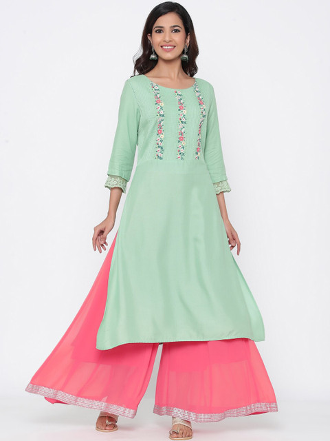 

Juniper Women Green & Pink Embroidered Straight Kurta