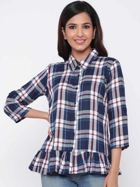 

Juniper Women Navy Blue & White Checked Shirt Style Top
