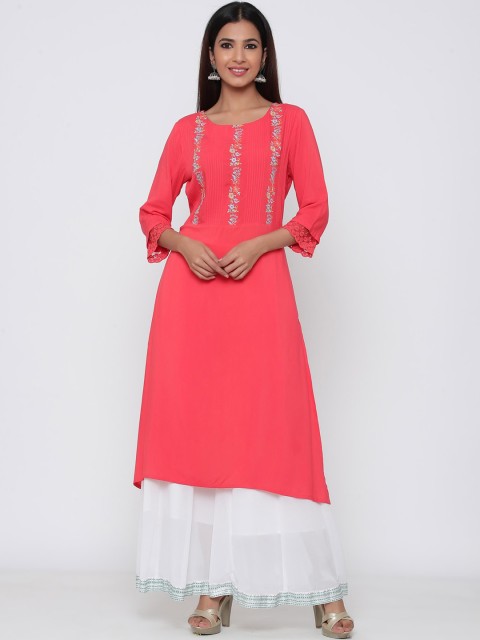 

Juniper Women Coral Pink & Blue Floral Embroidered Straight Kurta