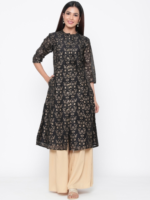 

Juniper Women Black & Gold-Toned Foil Print A-Line Kurta