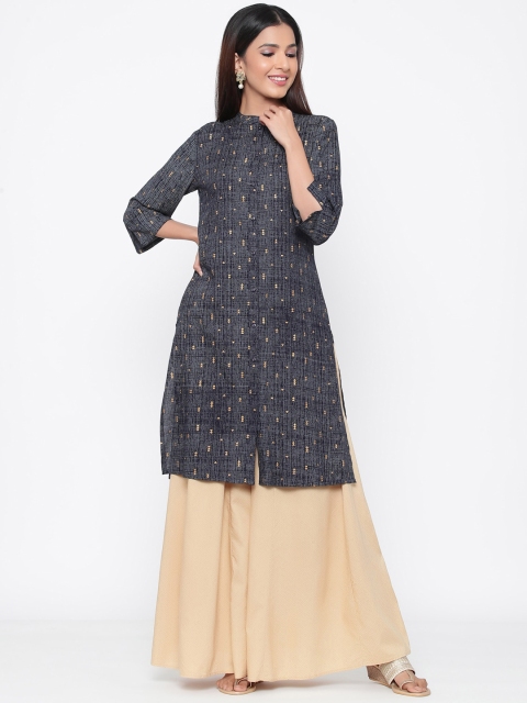 

Juniper Women Navy Blue & Gold-Coloured Printed A-Line Kurta